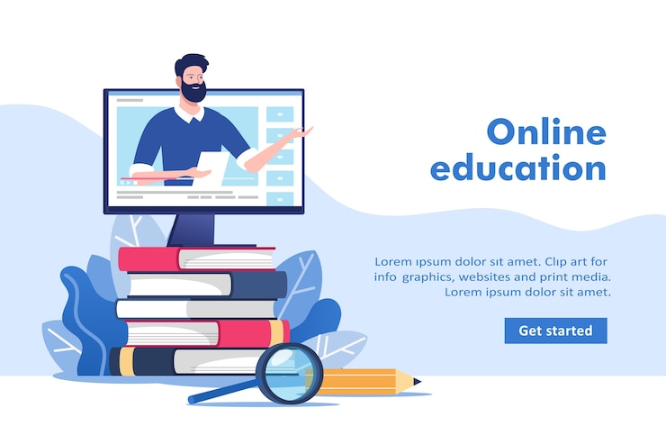 Vector online education or business training. pile of books and computer with teacher.
