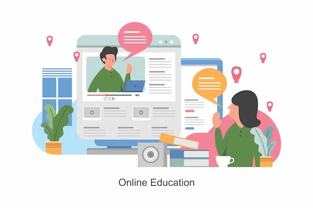 Online education training and courses learning vector illustration Online teacher on computer