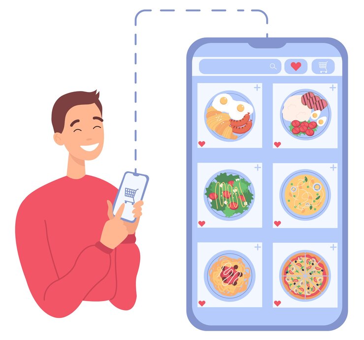 Vector online food order man shopping online with phone stay at home flat vector illustration