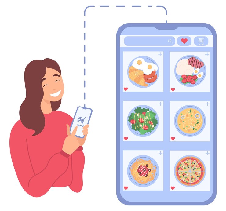 Vector online food order. woman shopping online with phone. stay at home.