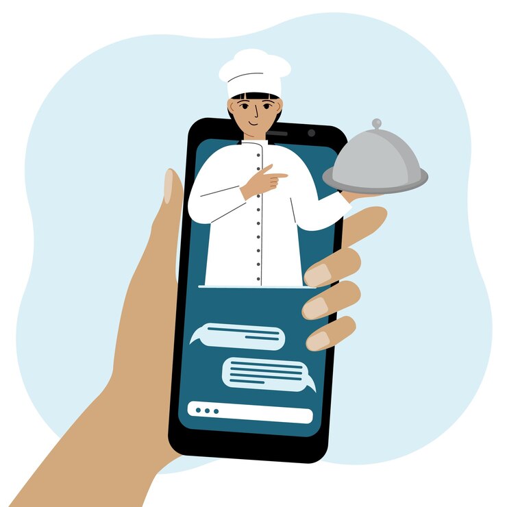 Vector online food shopping on mobile phone or fast food delivery order the cook holds a tray with a lid or a plate with a cloche