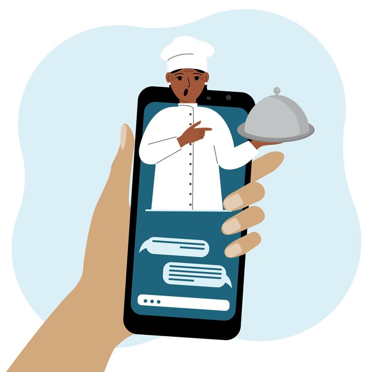 Vector online food shopping on mobile phone or fast food delivery order the cook holds a tray with a lid or a plate with a cloche