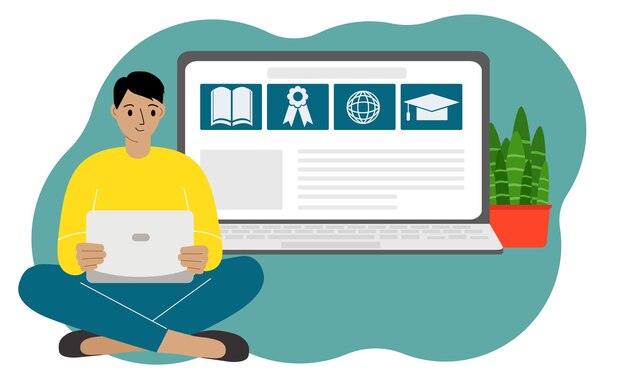 online learning concept. a man is sitting cross-legged with a laptop. close-up of a laptop with an open website page. vector flat illustration