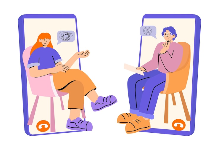 Online Psychological Counseling Session Illustration with Two Characters man and woman on Video Call