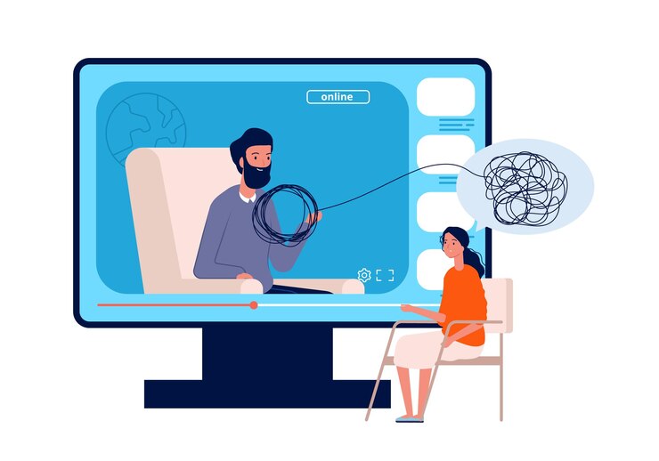 Vector online psychotherapy. psychologist consultation, adult web mental health conference. woman need help, doctor and patient vector illustration. psychotherapy online therapy, help mental consultation
