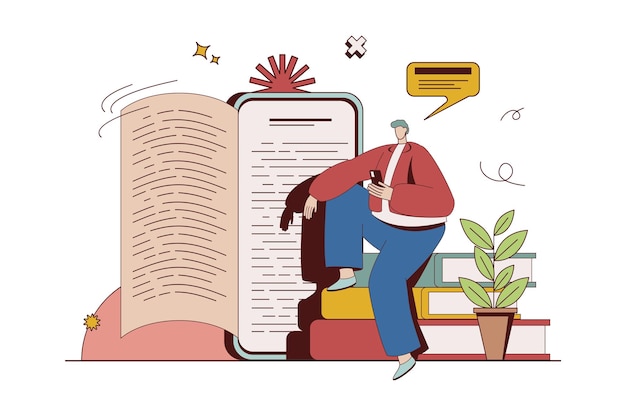 online reading concept with character situation in flat design man reads ebook using mobile application reader studying electronic files on smartphone vector illustration with people scene for web