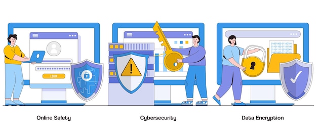 online safety cybersecurity and data encryption concept with character digital security abstract vector illustration set privacy protection and threat prevention metaphor