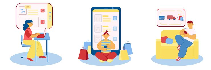 Vector online shopping characters use mobile app and online store to buy goods ecommerce concept
