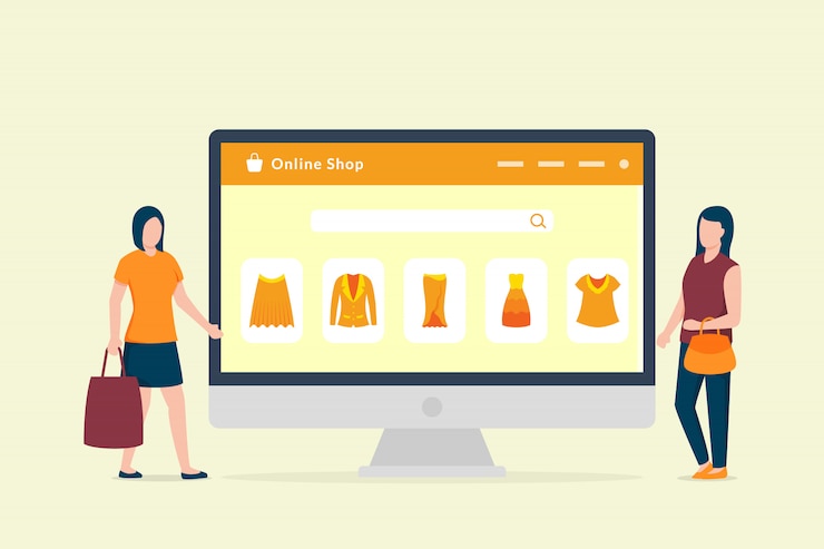 Vector online shopping concept with computer desktop and ecommerce shopping icon with two woman