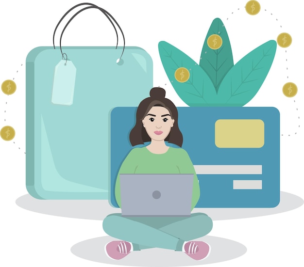 online shopping concept, woman make orders from home sitting on a floor.