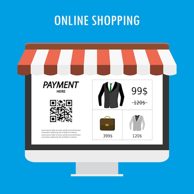 online shopping monitor screen with store application and qr code for payment vector illustration