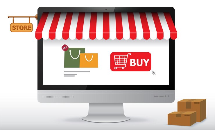 Vector online shopping store on computer monitor screen. e-commerce and digital marketing concept   illustration.