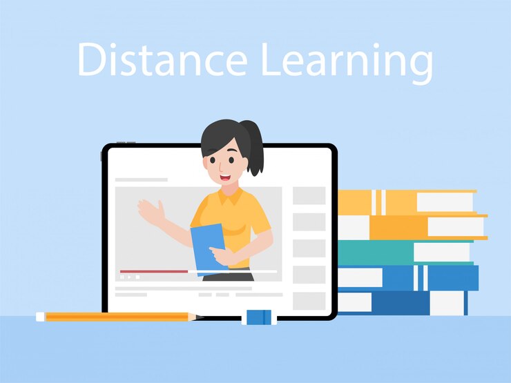 Vector online teacher on tablet monitor teaching education, distance learning television concept.