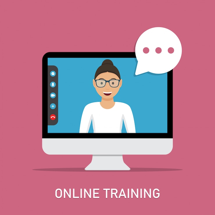 Vector online training with video teacher in computer monitor in a flat design