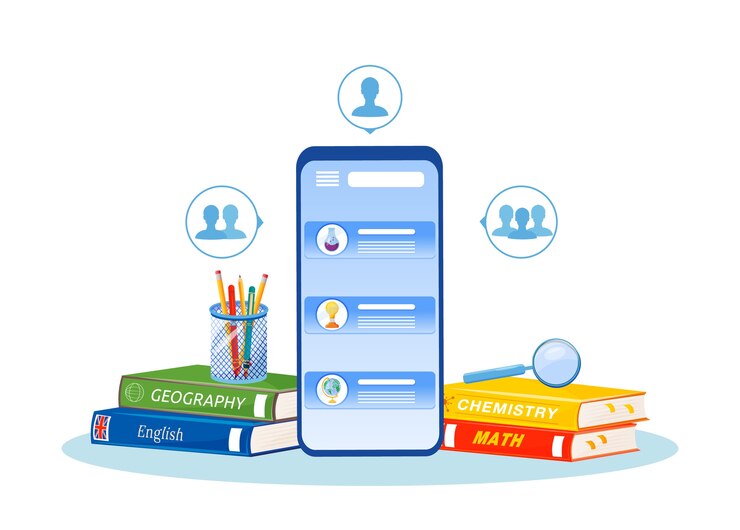 Vector online tutoring    illustration. distance education. high school subjects learning smetaphor. remote lessons. homework help. mobile phone and textbooks  cartoon objects
