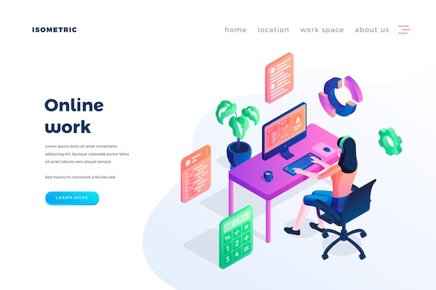 Online work landing page vector template Modern business freelance website homepage interface idea with isometric illustrations Remote workplace home workspace web banner 3D cartoon concept