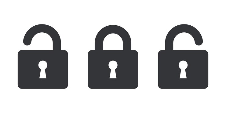 Vector open and closed padlock icons unlocking padlocks against a white background