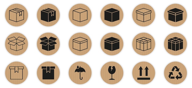 open and closed parcel boxes package with symbol of recycle glass fragile icon cardboard boxes