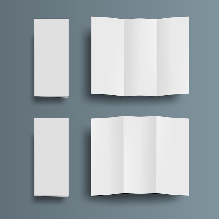 Vector open and closed trifold paper booklet with shadow