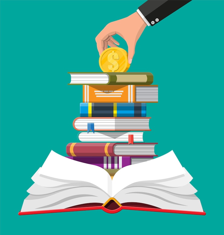 Vector open book and gold coin in hand. education savings and investment concept. academic and school 