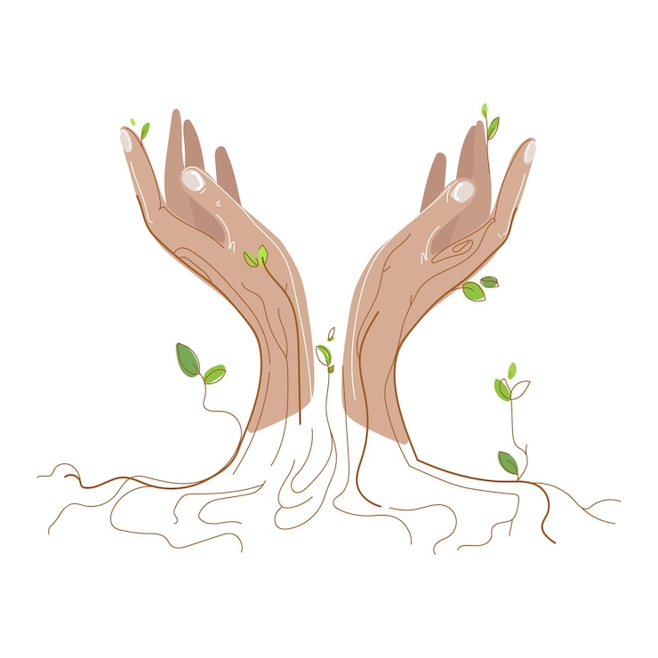 Vector open handsvector illustration of female hands with leaves branches and roots of trees