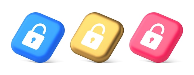 Open lock button cyberspace password security protection service 3d realistic icons