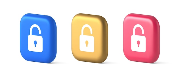 Open lock button cyberspace password security protection service 3d realistic icons