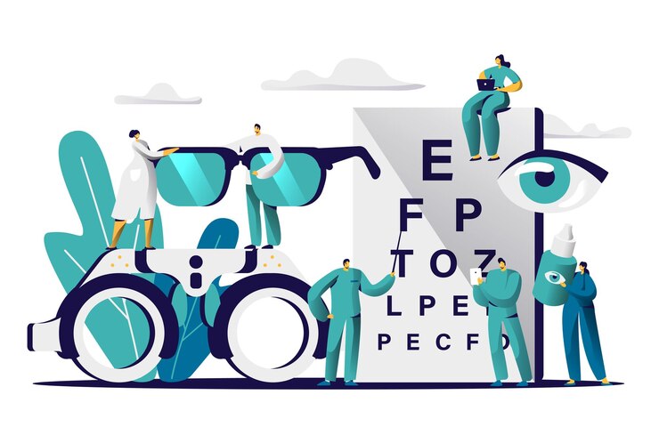 Vector ophthalmologist doctor test myopia eye. male oculist with pointer checkup optometry for eyeglasses.