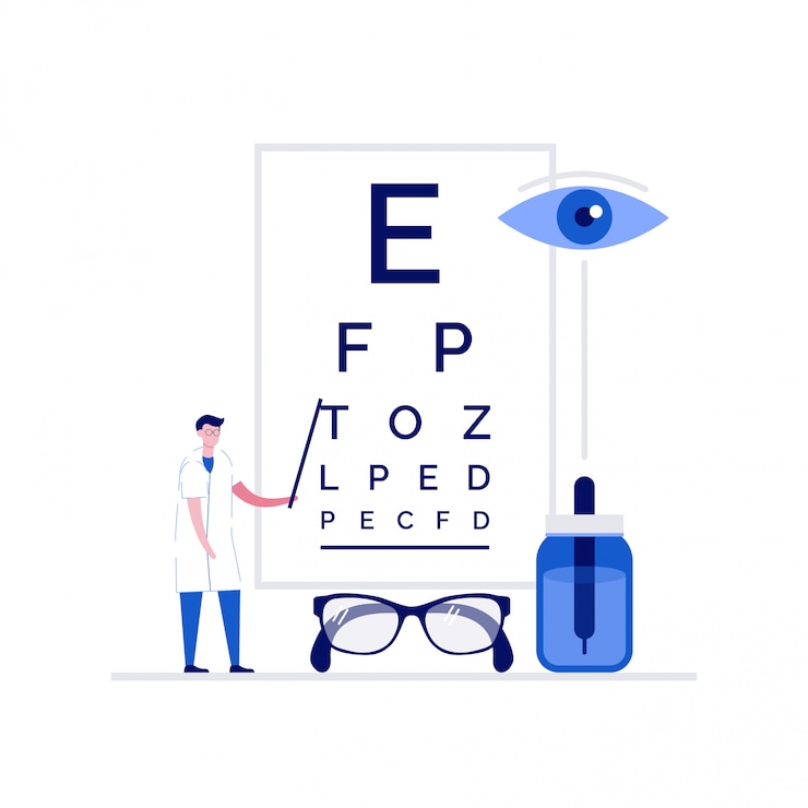 Vector ophthalmology medical illustration concept with characters. doctor standing near eye test chart.