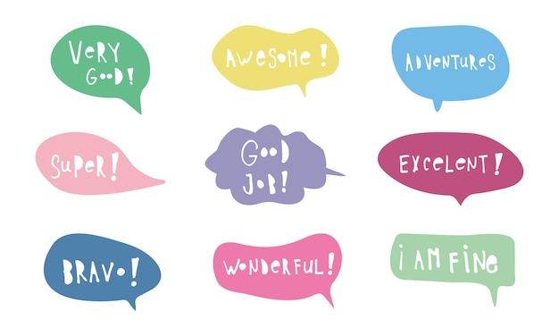 Optimistic phrases vector stickers pack Cheerful flat messages set Positive attitude