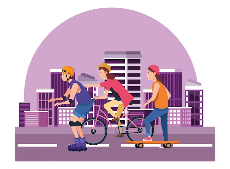 Vector orang muda dengan skateboard, sepatu roda, dan sepeda