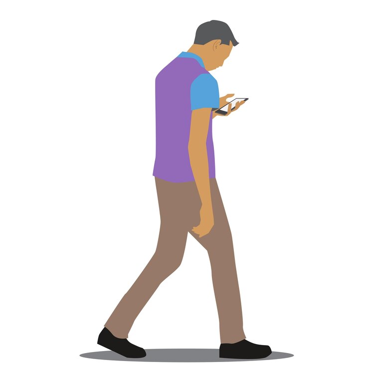 Vector orang muda menggunakan ponsel saat bepergian. pria berjalan, memegang smartphone. ilustrasi vektor