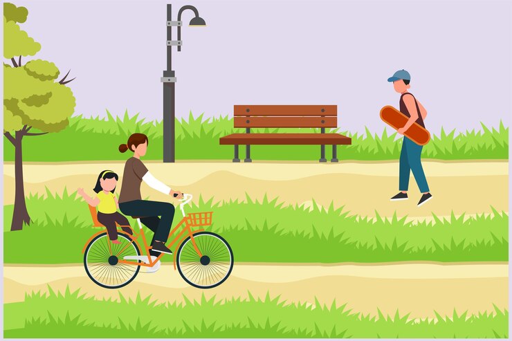 Vector orang-orang berjalan, bermain, mengendarai sepeda di taman kota. konsep aktivitas luar ruangan. vektor datar berwarna