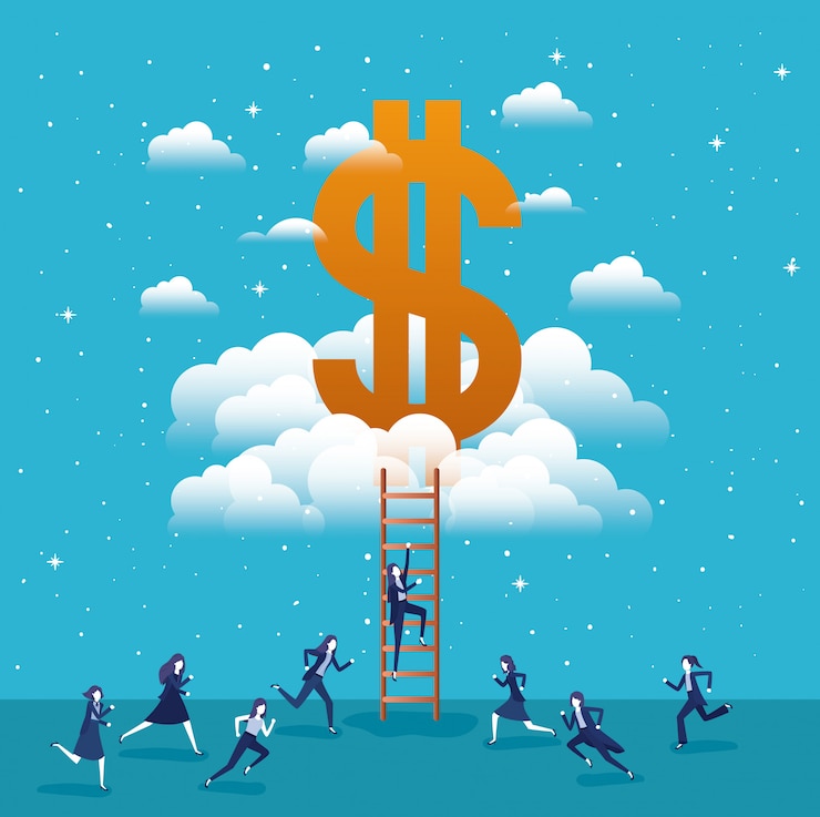 Vector orang-orang bisnis dengan simbol dolar di langit dan tangga