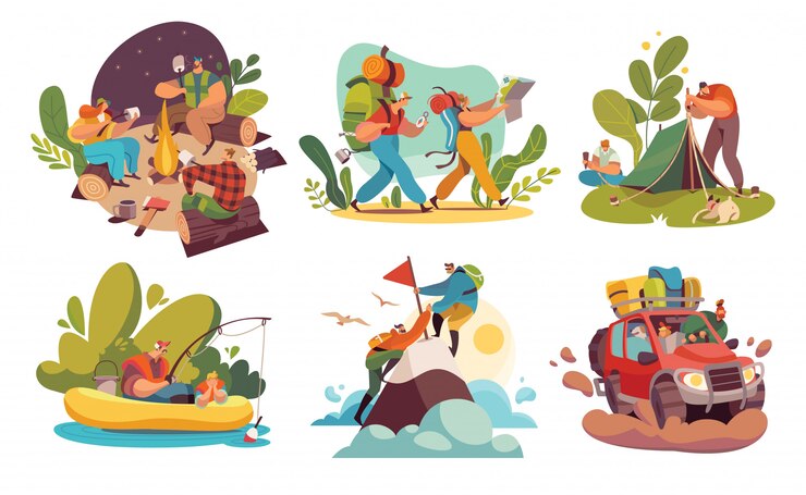Vector orang-orang hiking turis berkemah, ilustrasi petualangan di alam