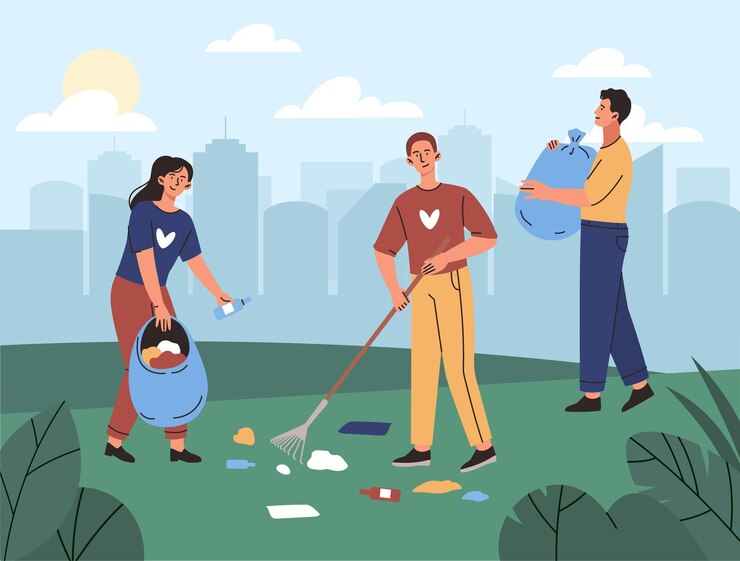 Vector orang-orang membersihkan taman anak laki-laki dan perempuan mengumpulkan sampah di taman menjaga alam dan lingkungan aktivis dan sukarelawan berjuang melawan polusi lingkungan ilustrasi vektor datar