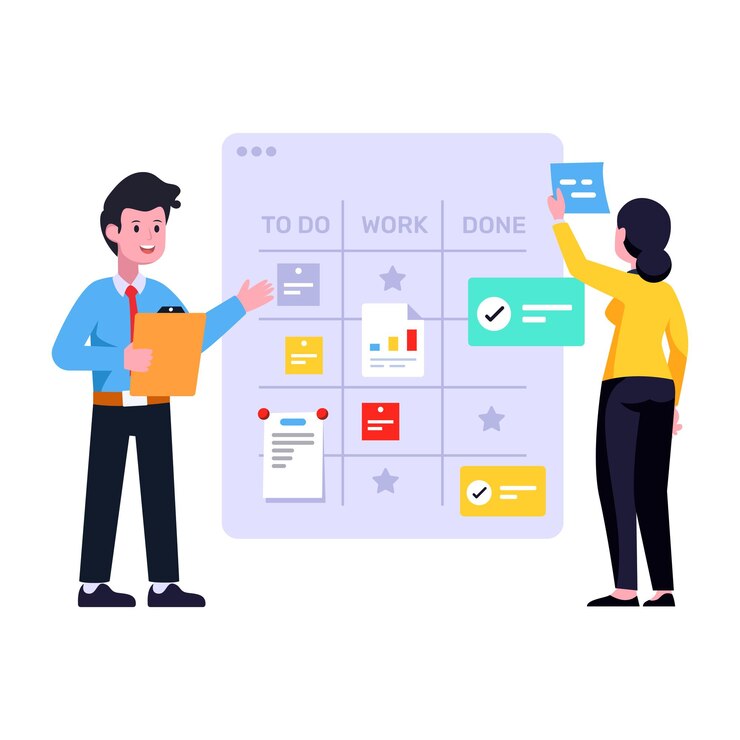 Vector orang-orang mendiskusikan ilustrasi datar proses kerja dari perencanaan bisnis