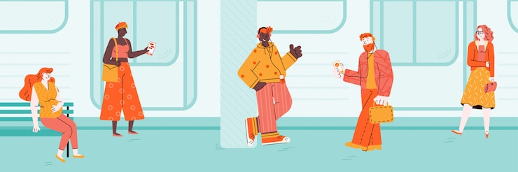Vector orang-orang menunggu kereta komuter di peron kereta bawah tanah, ilustrasi sketsa.