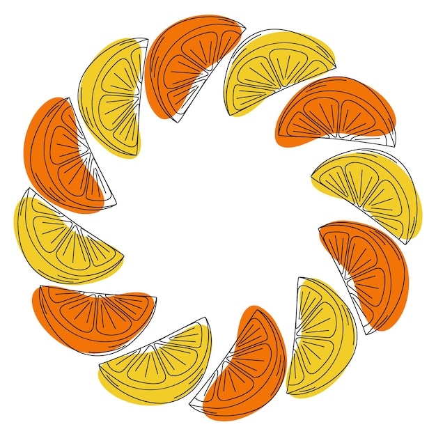 Orange and lemon hand drawn outline slices with yellow and orange abstract spots round frame border