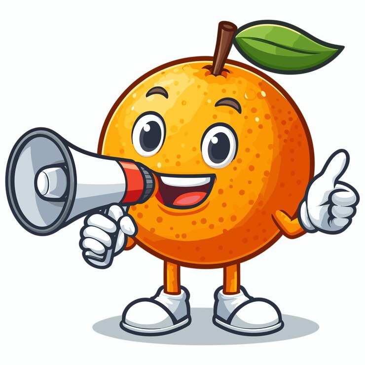 Vector orange fruit cartoon holding a megaphone illustration on white background