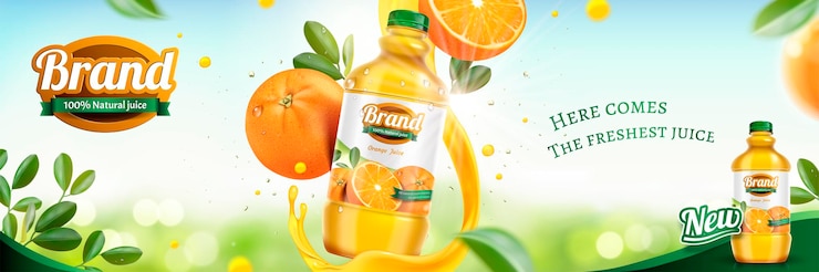 Vector orange juice banner banner with fresh fruit and swirling liquid on bokeh glittering surface in 3d style