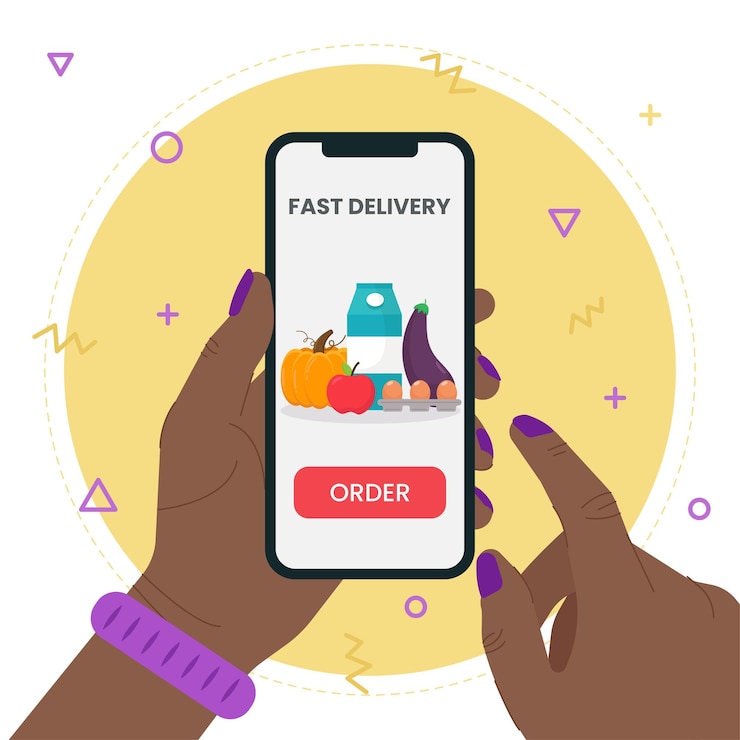 Vector order grocery online.hand holding mobile smart phone with fast delivery service application