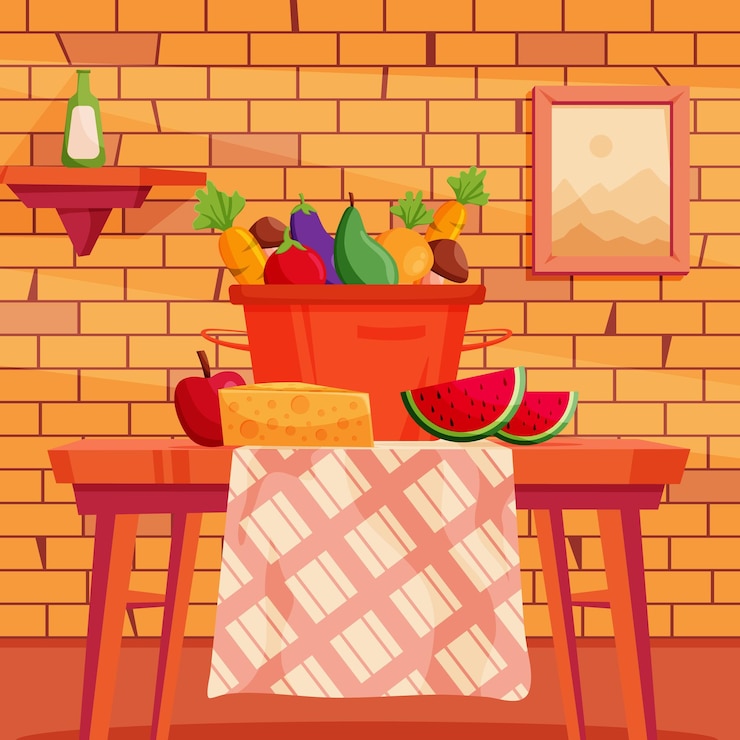Vector organic food in the kitchen background
