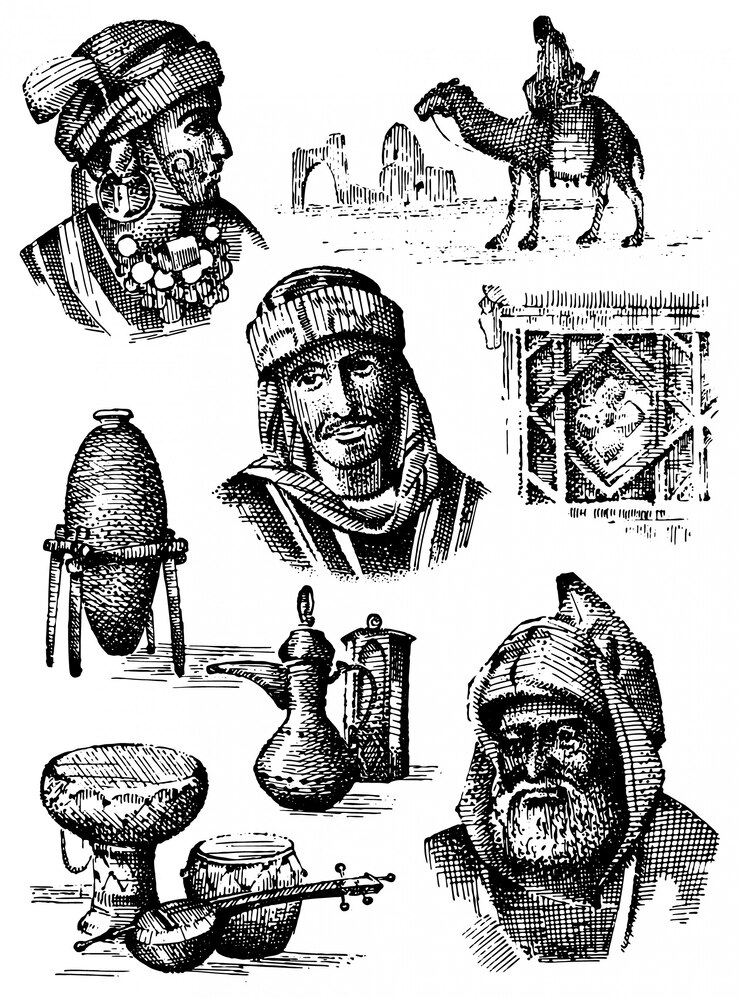 Vector orient collection, middle east - hand drawn set of vases, plates camel and arabic men and woman faces, egraved illustration