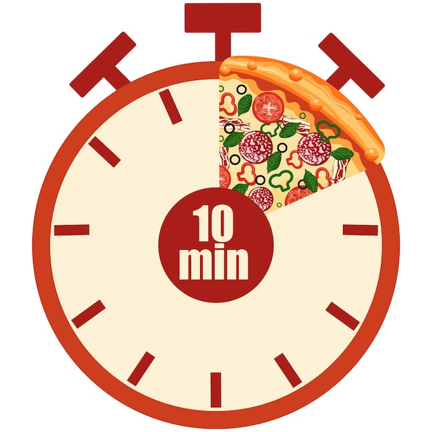 original icon for delivery service with a stopwatch dial and pizza slices and 10 minutes
