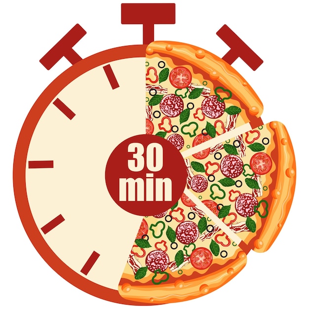 original icon for delivery service with a stopwatch dial and pizza slices and 30 minutes