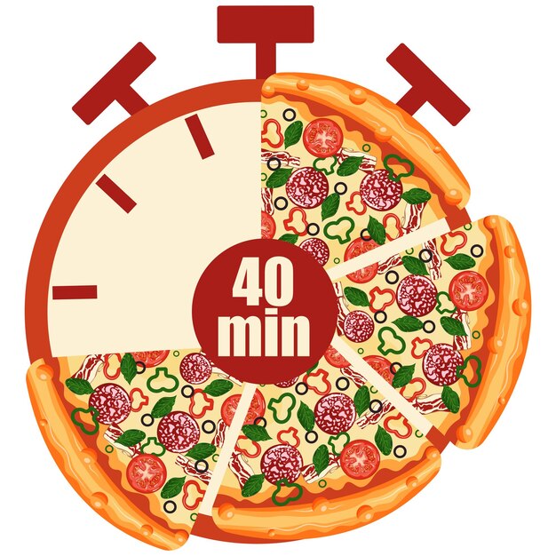 original icon for delivery service with a stopwatch dial and pizza slices and 40 minutes