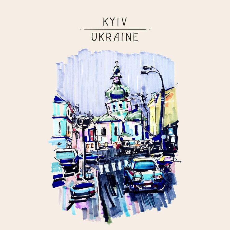 Vector original marker urban sketch on paper of kyiv podol landscape with church road cars