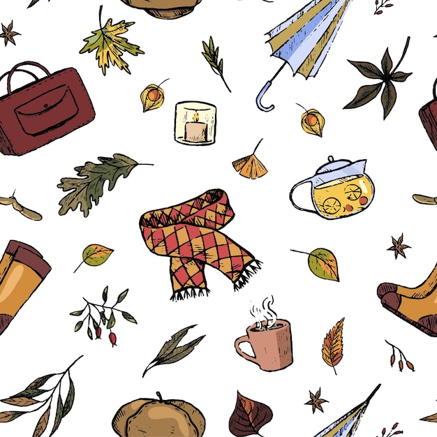 Ornament of autumn doodles leaves clothes accessories Hand drawn vector seamless pattern Design for wrapping fabric wallpaper background