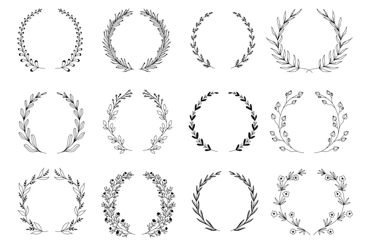 Vector ornamental branch wreathes set in hand drawn design laurel leaves wreath and decorative branch